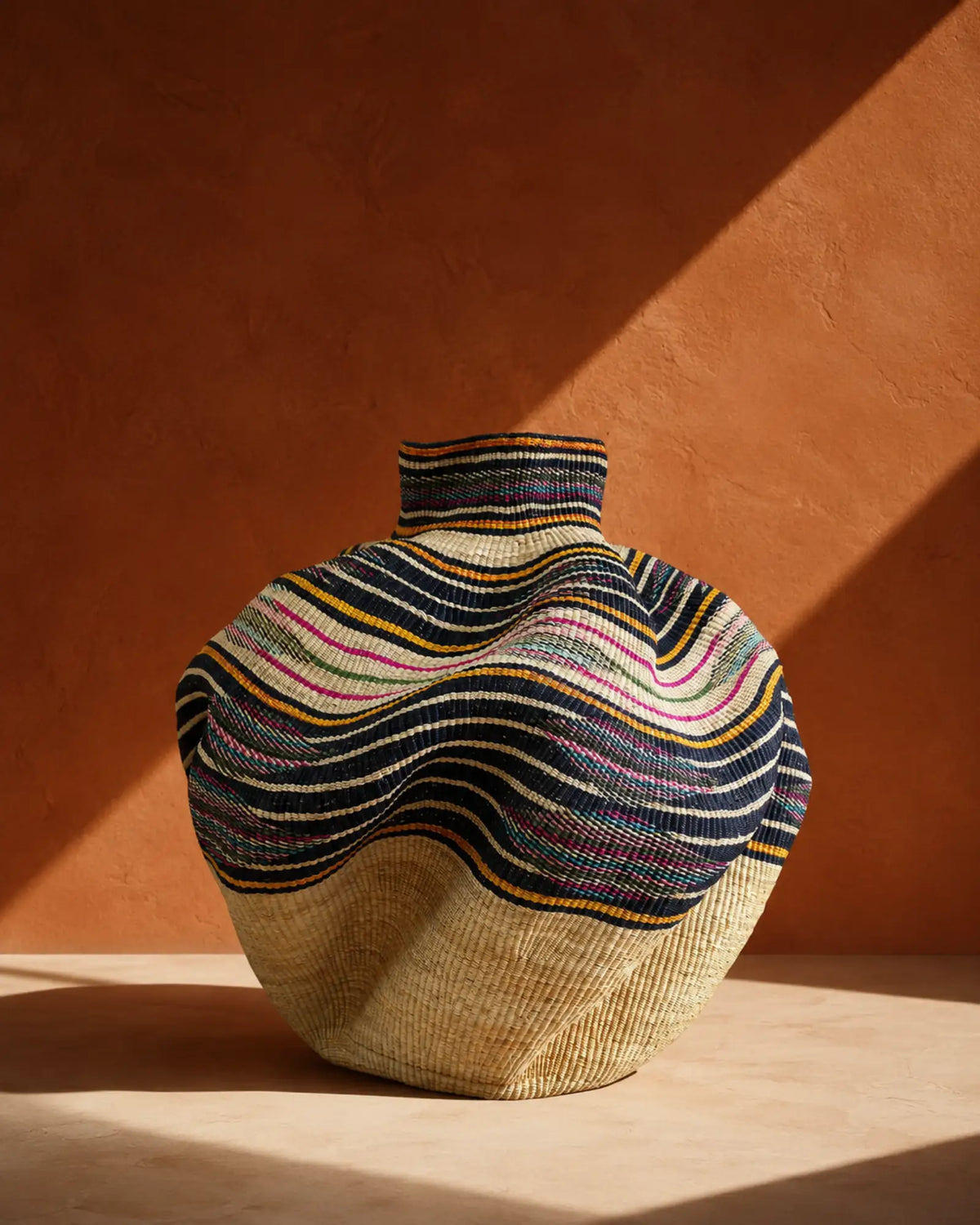 Rounded Bolga vase basket with wavy multicoloured stripes and a short neck against a warm terracotta wall.