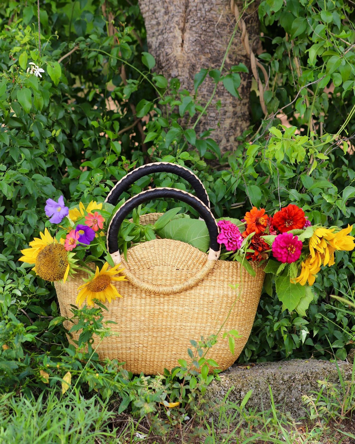 Natural Bolga basket bag with black leather handles filled with sunflowers and colourful flowers by a tree.