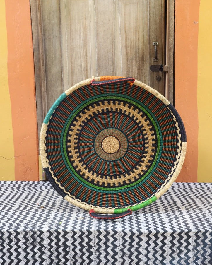 Woven Tray Wall Decor (Large) by The Baba Tree. Premium elephant grass tray with leather handles. Bolgatanga artisan craftsmanship.