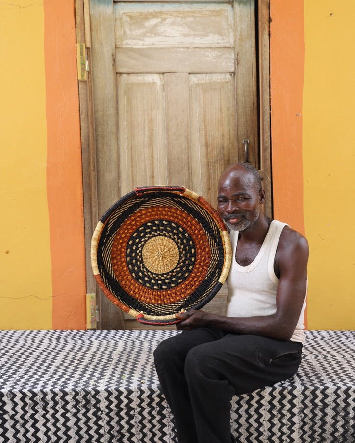 Woven Tray Wall Decor (Small) by The Baba Tree. Premium elephant grass tray with leather handles. Bolgatanga artisan craftsmanship.