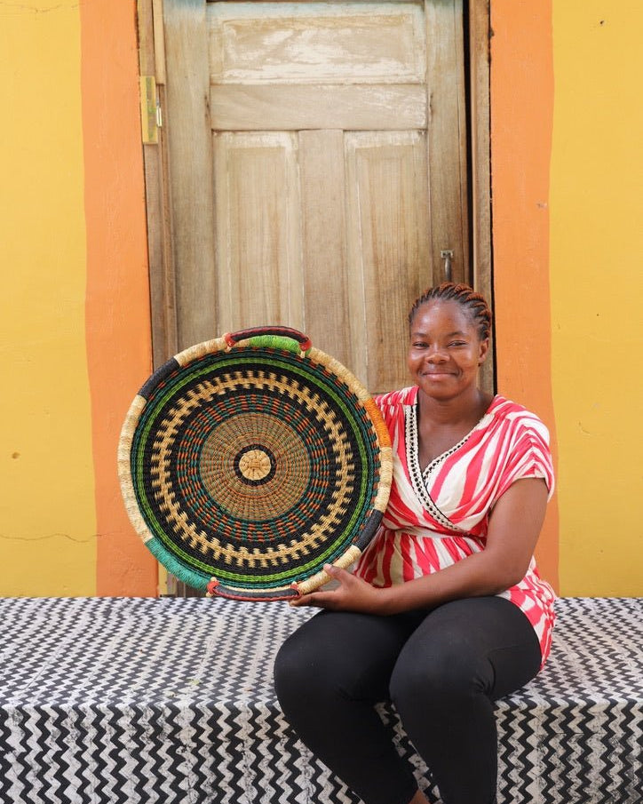 Woven Tray Wall Decor (Small) by The Baba Tree. Premium elephant grass tray with leather handles. Bolgatanga artisan craftsmanship.