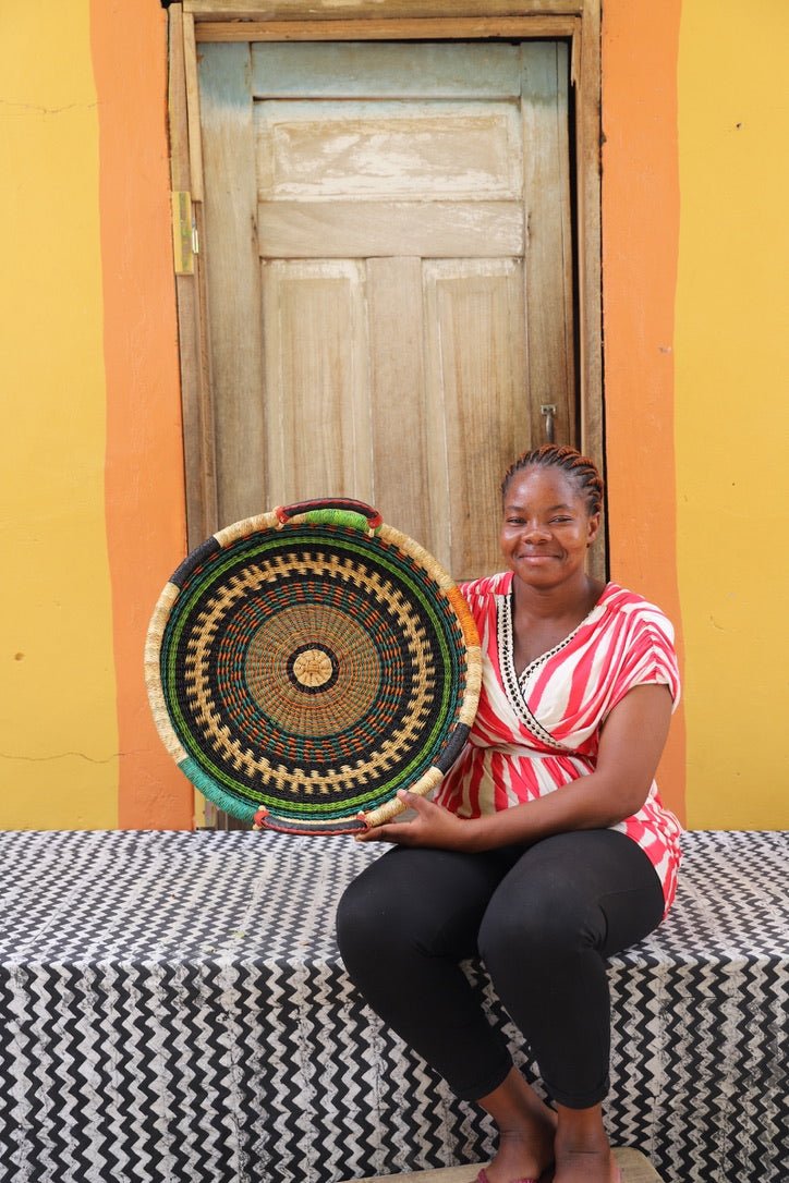 Woven Tray Wall Decor (Small) by The Baba Tree. Premium elephant grass tray with leather handles. Bolgatanga artisan craftsmanship.