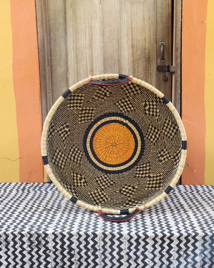 Woven Tray Wall Decor (Large) by The Baba Tree. Premium elephant grass tray with leather handles. Bolgatanga artisan craftsmanship.
