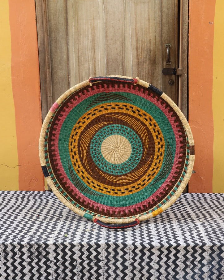 Woven Tray Wall Decor (Large) by The Baba Tree. Premium elephant grass tray with leather handles. Bolgatanga artisan craftsmanship.