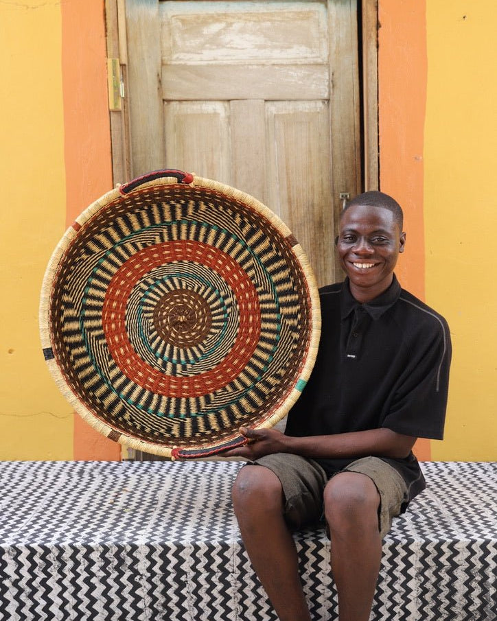 Woven Tray Wall Decor (Large) by The Baba Tree. Premium elephant grass tray with leather handles. Bolgatanga artisan craftsmanship.