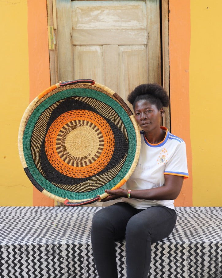Woven Tray Wall Decor (Large) by The Baba Tree. Premium elephant grass tray with leather handles. Bolgatanga artisan craftsmanship.