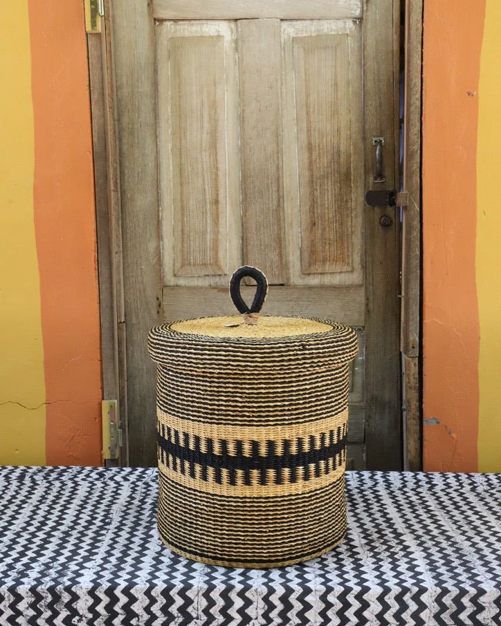 Handwoven Elephant Grass Laundry Basket with Lid, Small - The Baba Tree Basket Company