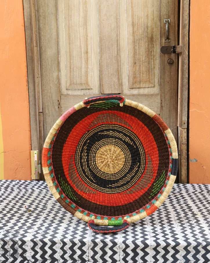 Woven Tray Wall Decor (Small) by The Baba Tree. Premium elephant grass tray with leather handles. Bolgatanga artisan craftsmanship.