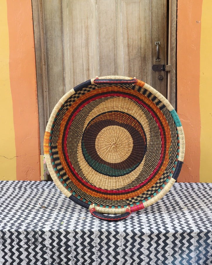 Woven Tray Wall Decor (Large) by The Baba Tree. Premium elephant grass tray with leather handles. Bolgatanga artisan craftsmanship.