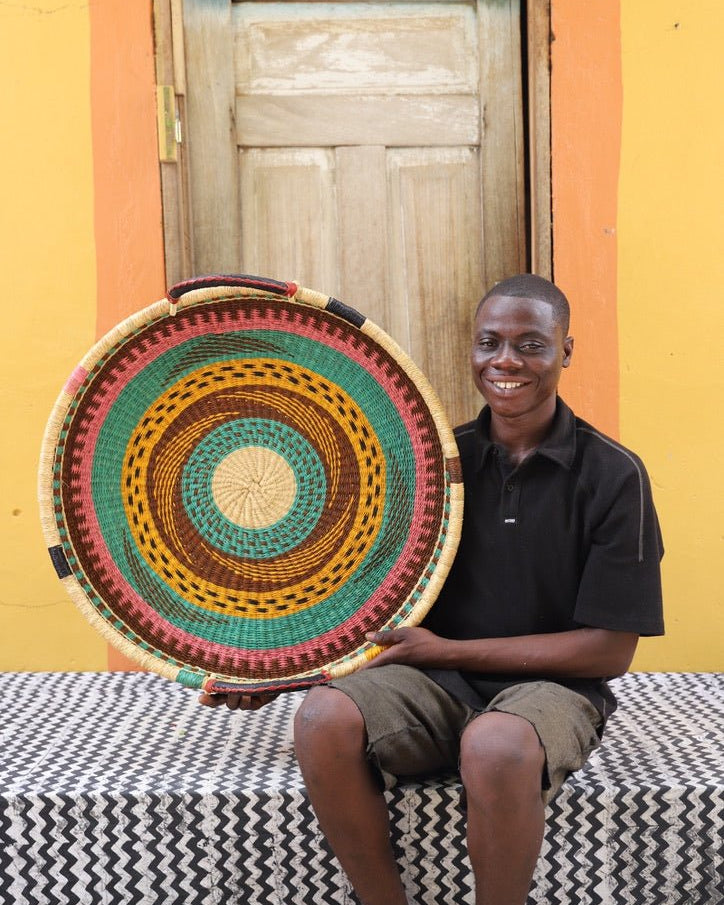 Woven Tray Wall Decor (Large) by The Baba Tree. Premium elephant grass tray with leather handles. Bolgatanga artisan craftsmanship.