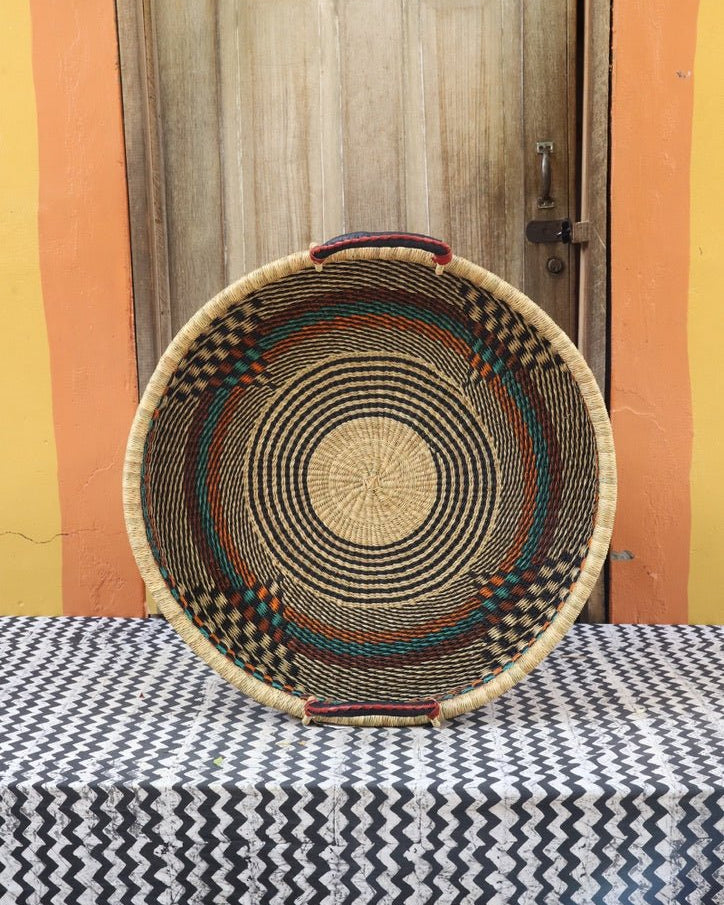 Woven Tray Wall Decor (Large) by The Baba Tree. Premium elephant grass tray with leather handles. Bolgatanga artisan craftsmanship.