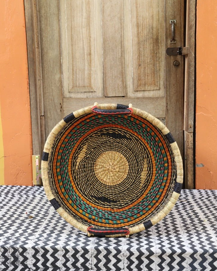 Woven Tray Wall Decor (Small) by The Baba Tree. Premium elephant grass tray with leather handles. Bolgatanga artisan craftsmanship.