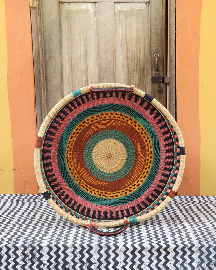 Woven Tray Wall Decor (Large) by The Baba Tree. Premium elephant grass tray with leather handles. Bolgatanga artisan craftsmanship.