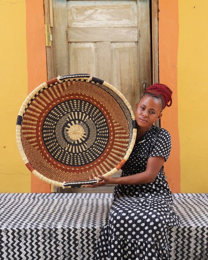 Woven Tray Wall Decor (Large) by The Baba Tree. Premium elephant grass tray with leather handles. Bolgatanga artisan craftsmanship.