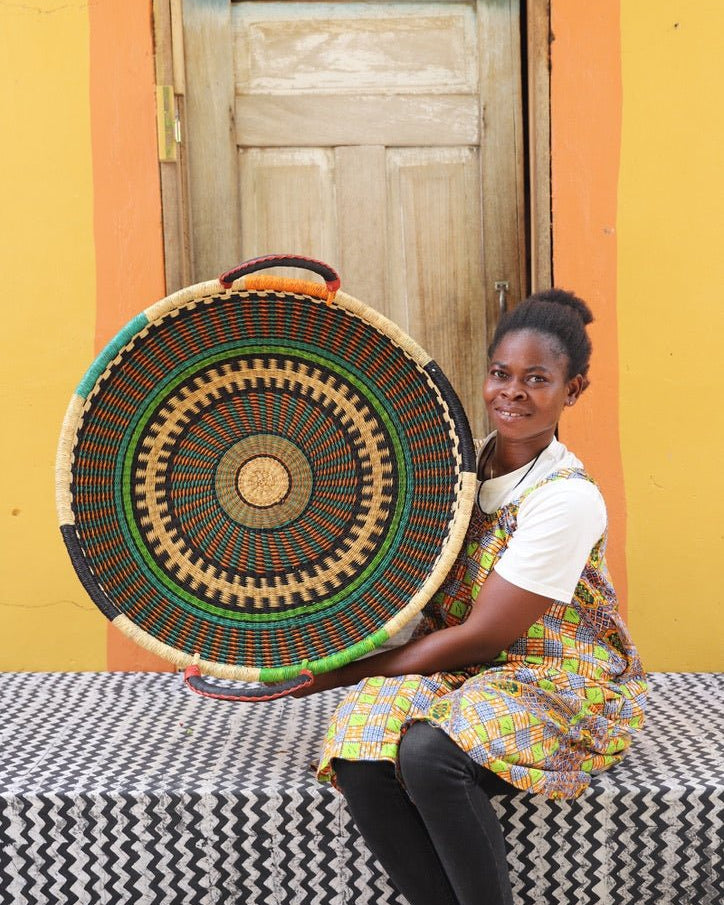 Woven Tray Wall Decor (Large) by The Baba Tree. Premium elephant grass tray with leather handles. Bolgatanga artisan craftsmanship.