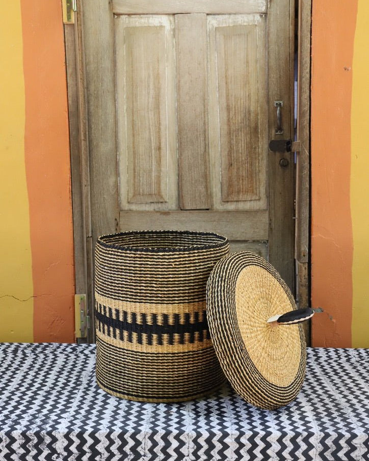 Handwoven Elephant Grass Laundry Basket with Lid, Small - The Baba Tree Basket Company