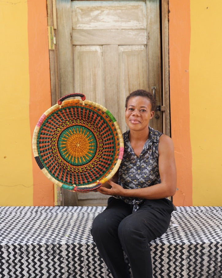 Woven Tray Wall Decor (Small) by The Baba Tree. Premium elephant grass tray with leather handles. Bolgatanga artisan craftsmanship.
