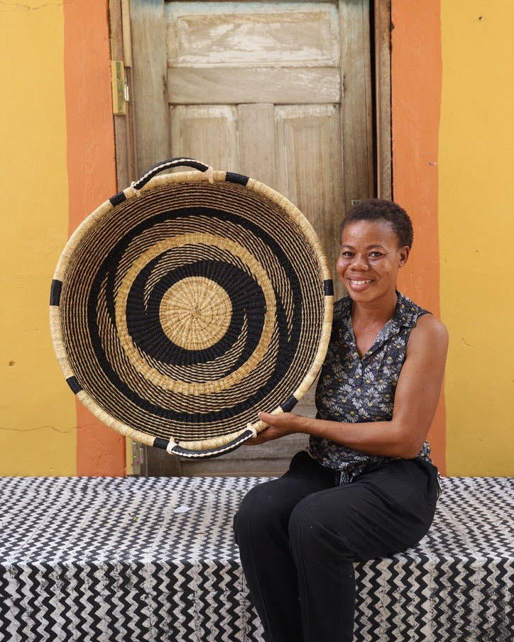 Woven Tray Wall Decor (Large) by The Baba Tree. Premium elephant grass tray with leather handles. Bolgatanga artisan craftsmanship.