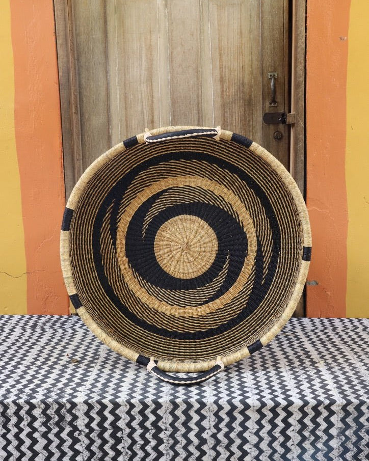 Woven Tray Wall Decor (Large) by The Baba Tree. Premium elephant grass tray with leather handles. Bolgatanga artisan craftsmanship.