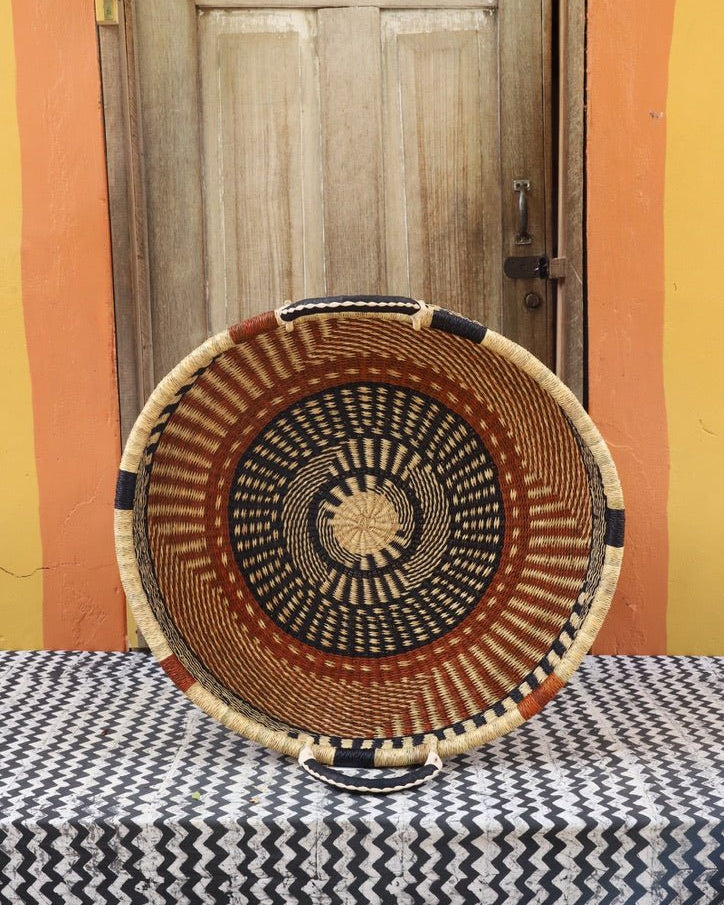 Woven Tray Wall Decor (Large) by The Baba Tree. Premium elephant grass tray with leather handles. Bolgatanga artisan craftsmanship.