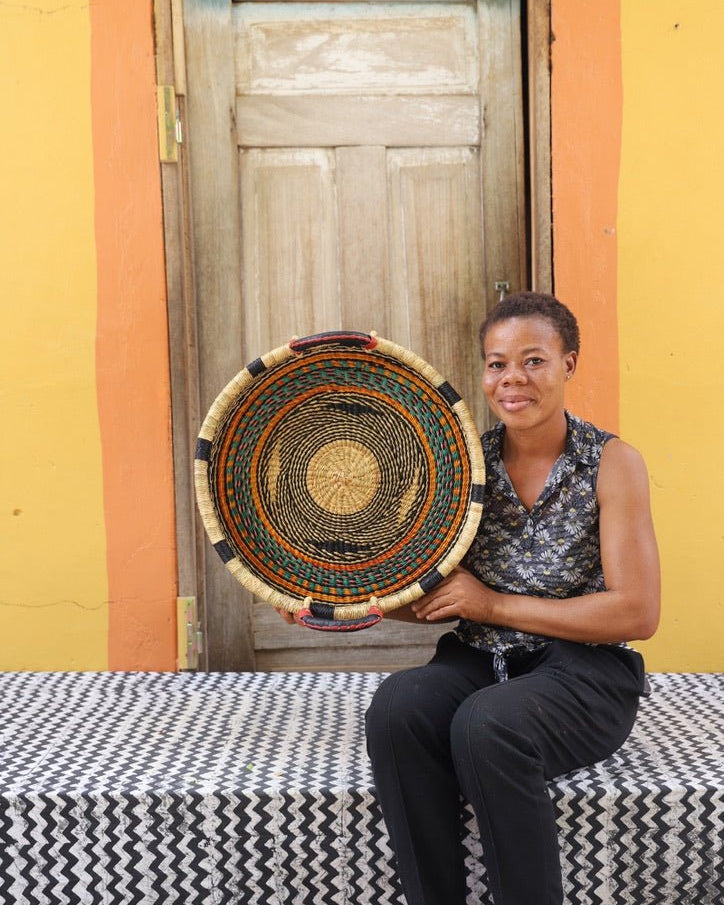 Woven Tray Wall Decor (Small) by The Baba Tree. Premium elephant grass tray with leather handles. Bolgatanga artisan craftsmanship.