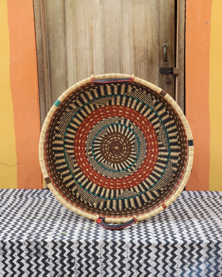 Woven Tray Wall Decor (Large) by The Baba Tree. Premium elephant grass tray with leather handles. Bolgatanga artisan craftsmanship.