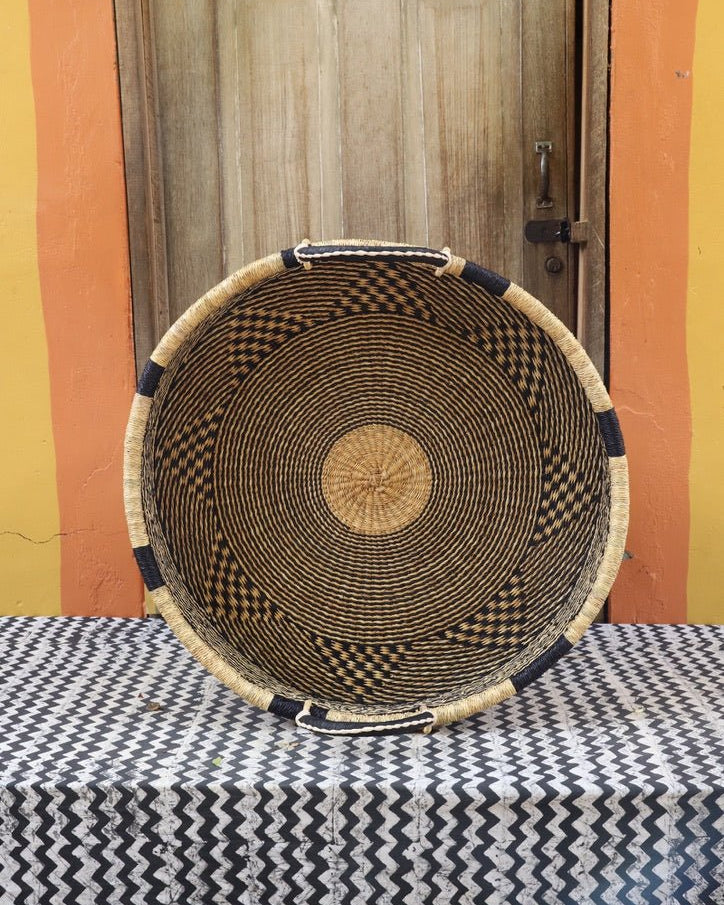 Woven Tray Wall Decor (Large) by The Baba Tree. Premium elephant grass tray with leather handles. Bolgatanga artisan craftsmanship.
