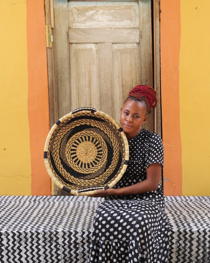 Woven Tray Wall Decor (Small) by The Baba Tree. Premium elephant grass tray with leather handles. Bolgatanga artisan craftsmanship.