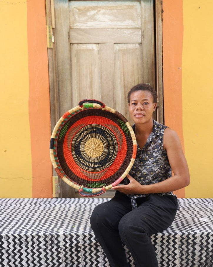 Woven Tray Wall Decor (Small) by The Baba Tree. Premium elephant grass tray with leather handles. Bolgatanga artisan craftsmanship.