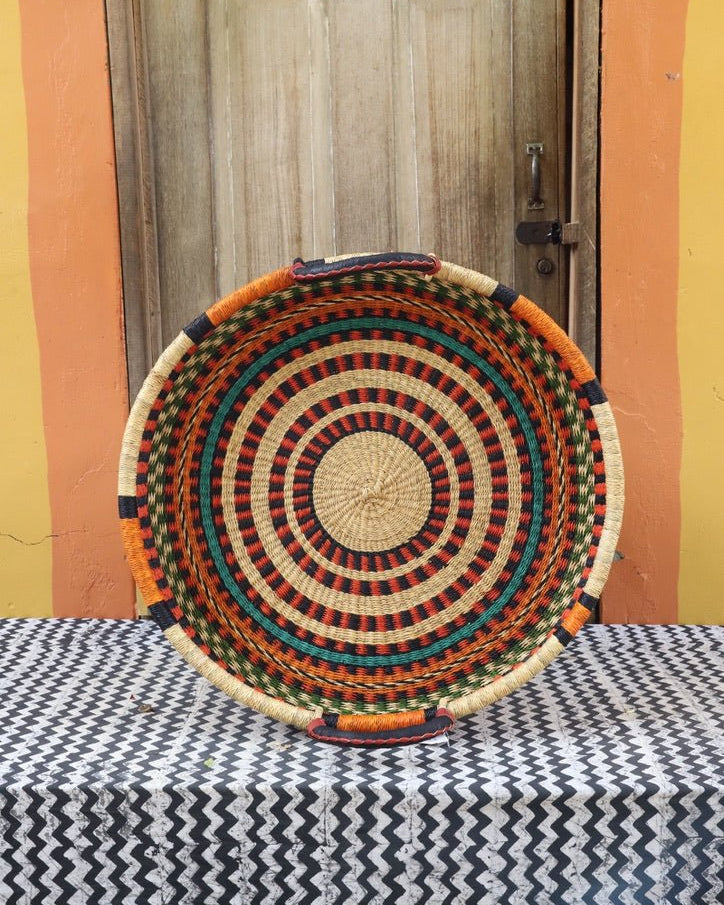 Woven Tray Wall Decor (Large) by The Baba Tree. Premium elephant grass tray with leather handles. Bolgatanga artisan craftsmanship.