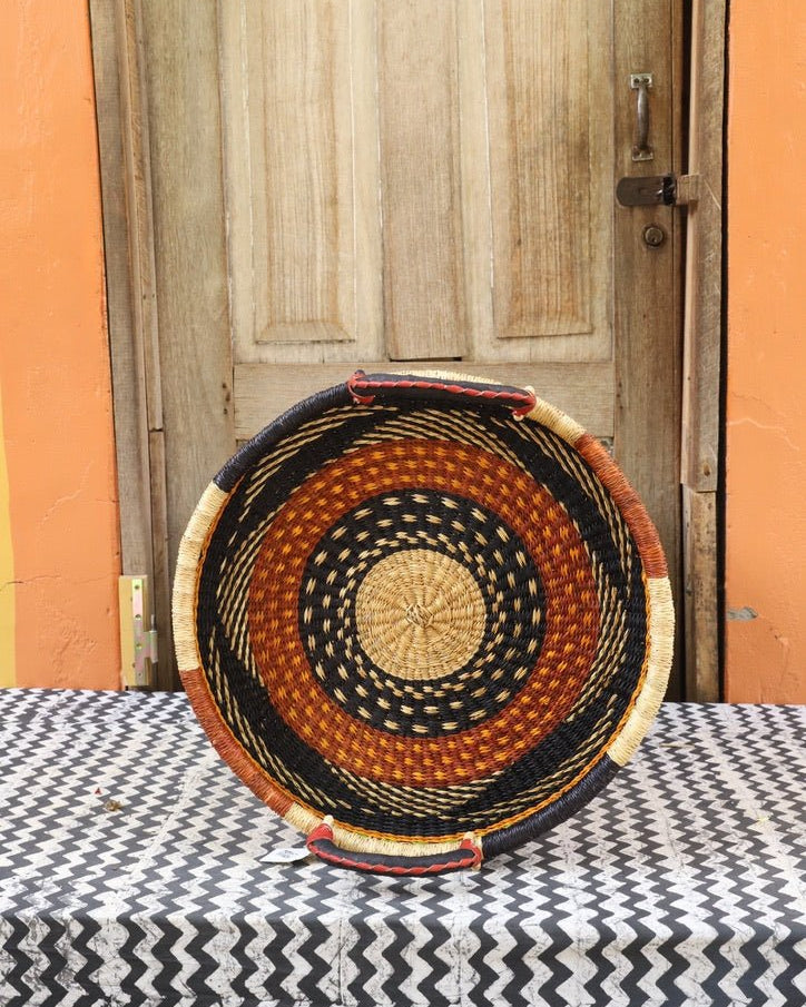 Woven Tray Wall Decor (Small) by The Baba Tree. Premium elephant grass tray with leather handles. Bolgatanga artisan craftsmanship.