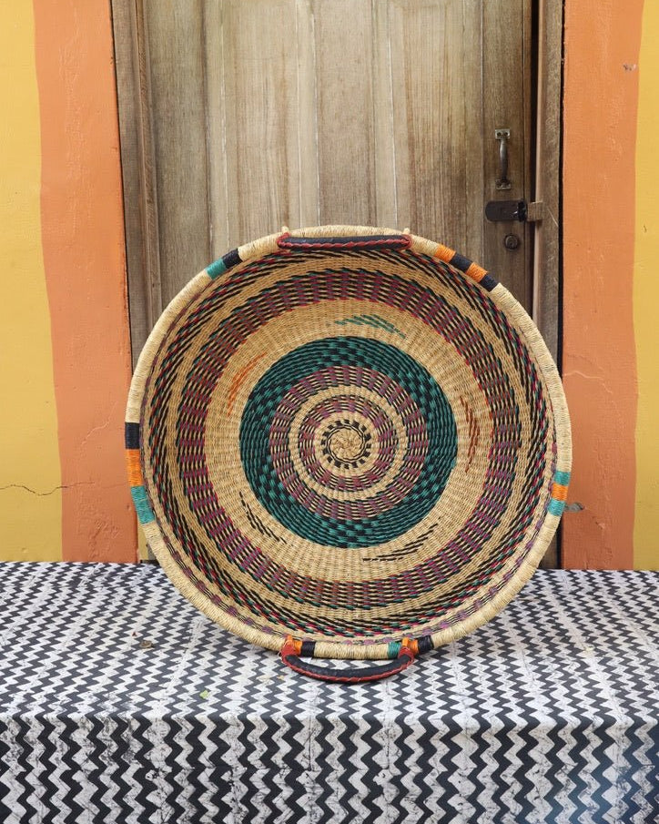 Woven Tray Wall Decor (Large) by The Baba Tree. Premium elephant grass tray with leather handles. Bolgatanga artisan craftsmanship.