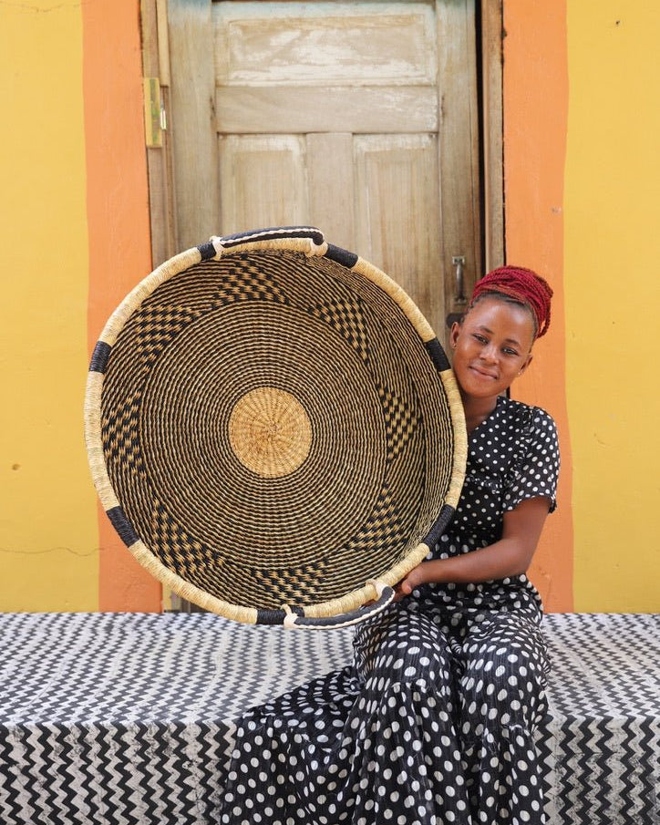 Woven Tray Wall Decor (Large) by The Baba Tree. Premium elephant grass tray with leather handles. Bolgatanga artisan craftsmanship.