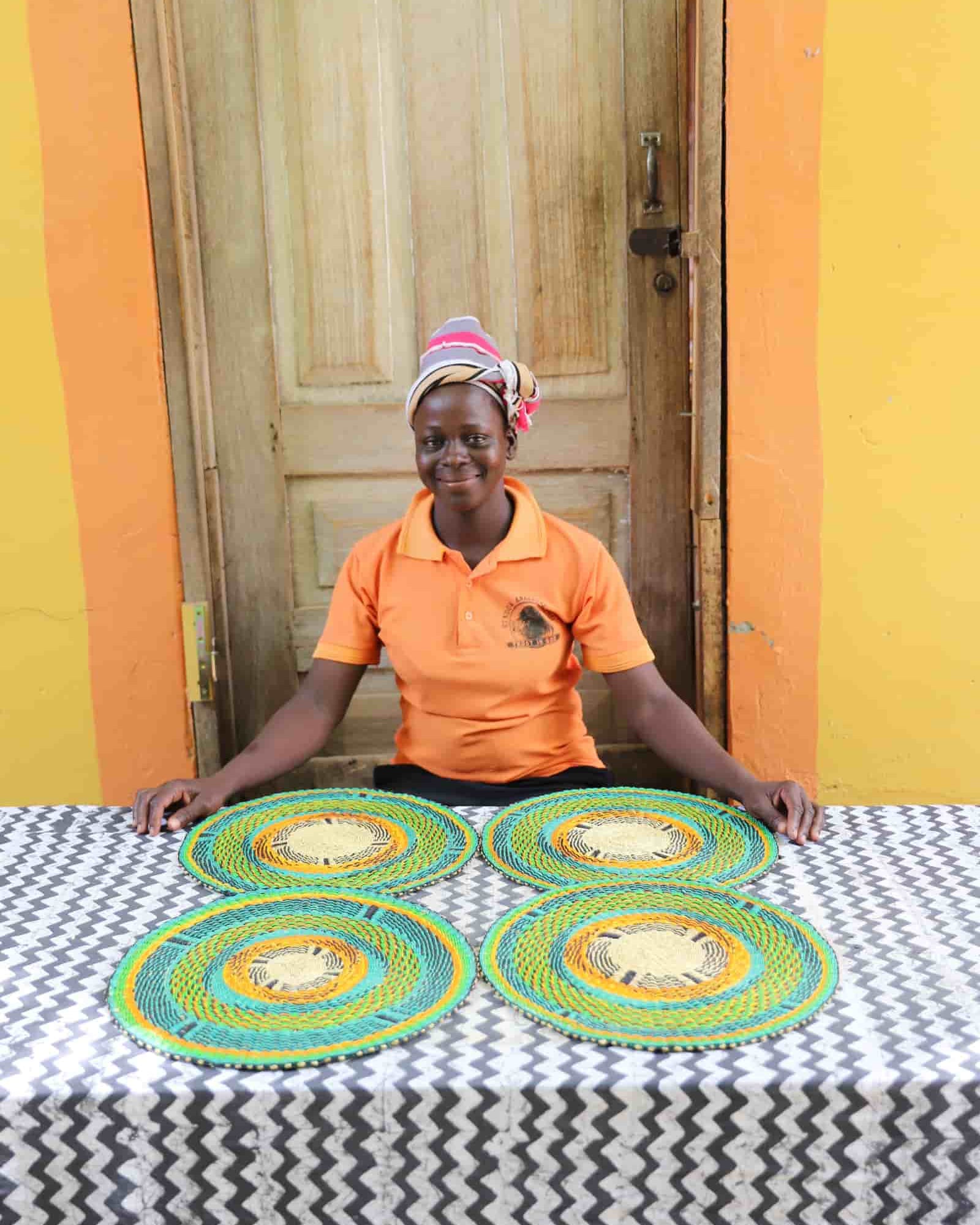 Set of 4 large placemats in teal and yellow with natural straw detailing