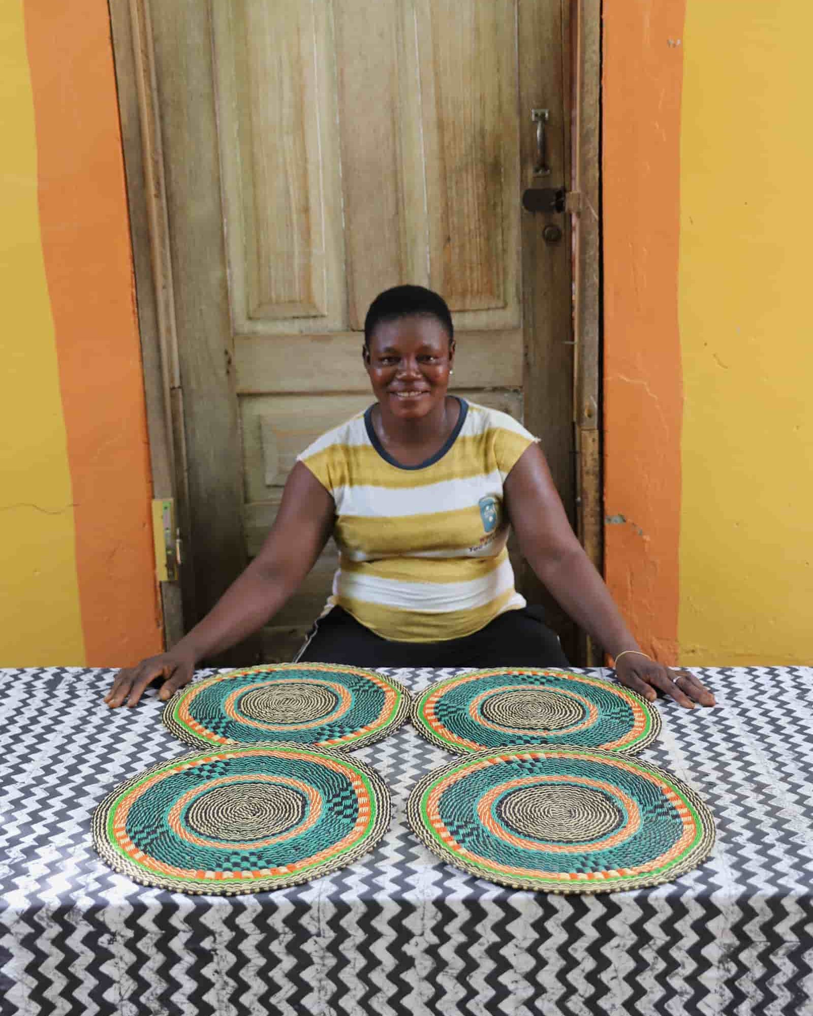 Set of 4 large placemats in teal, green and orange concentric weave