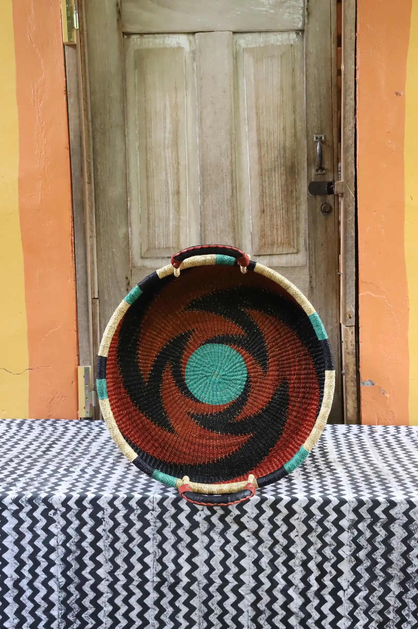 Woven Tray Wall Decor (Large) by The Baba Tree. Premium elephant grass tray with leather handles. Bolgatanga artisan craftsmanship.