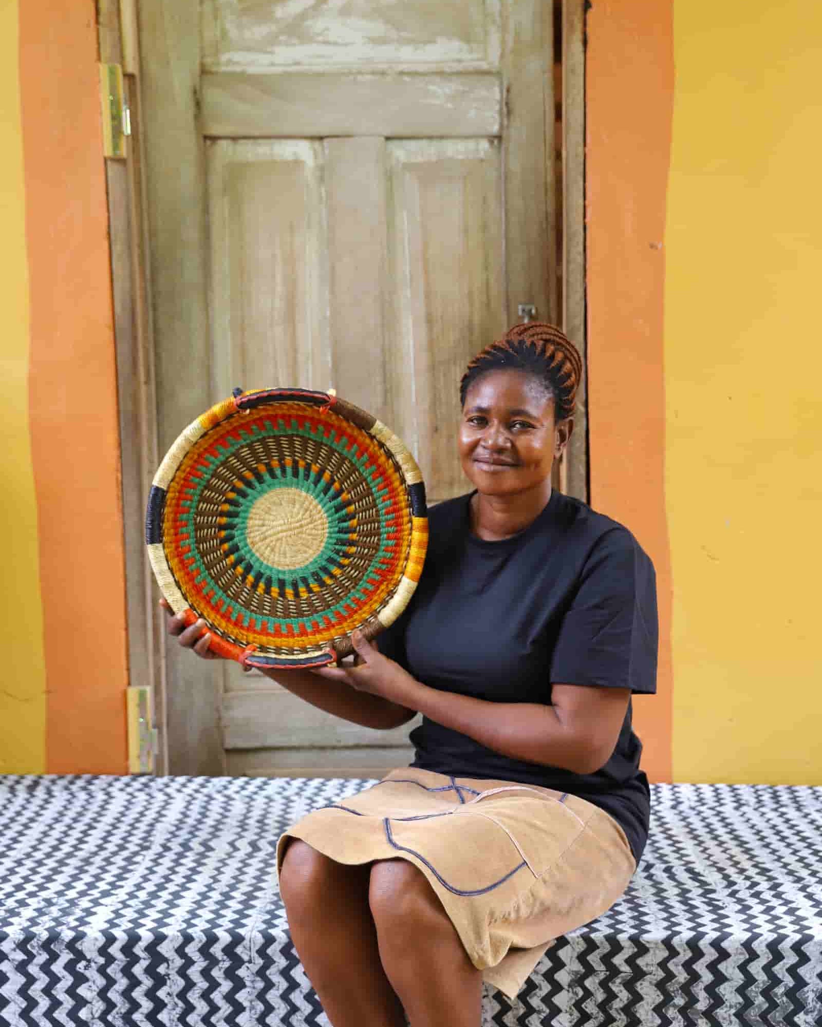 Woven Tray Wall Decor (Large) by The Baba Tree. Premium elephant grass tray with leather handles. Bolgatanga artisan craftsmanship.