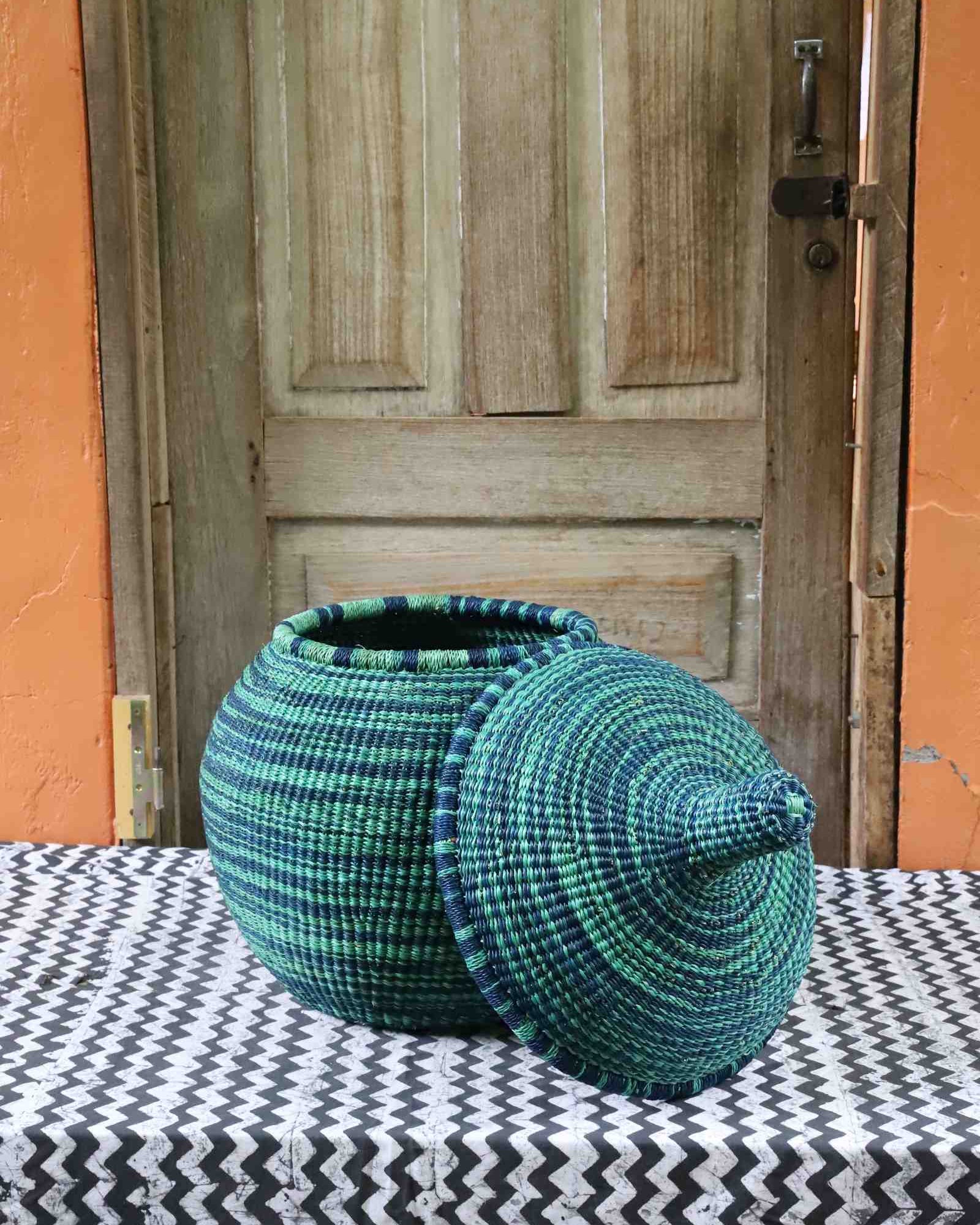 Handwoven Orbit storage basket, medium, side view showing woven detail