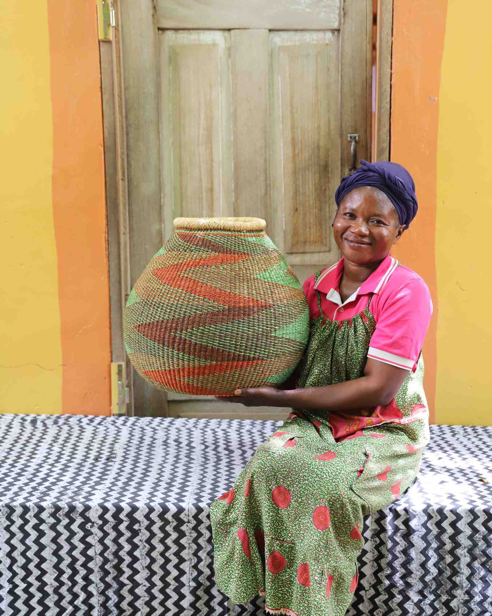 Kenkia handwoven Bolga basket with geometric motif styled as home Décor