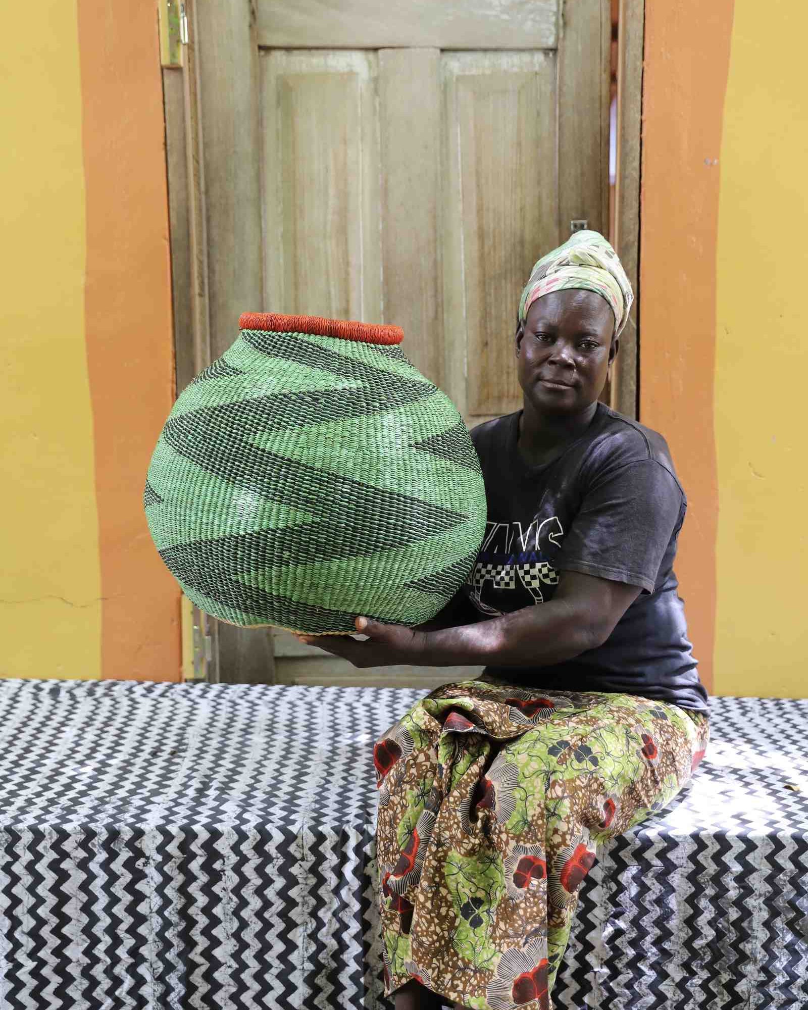 Large round Bolga basket with geometric pattern as a feature home Décor piece