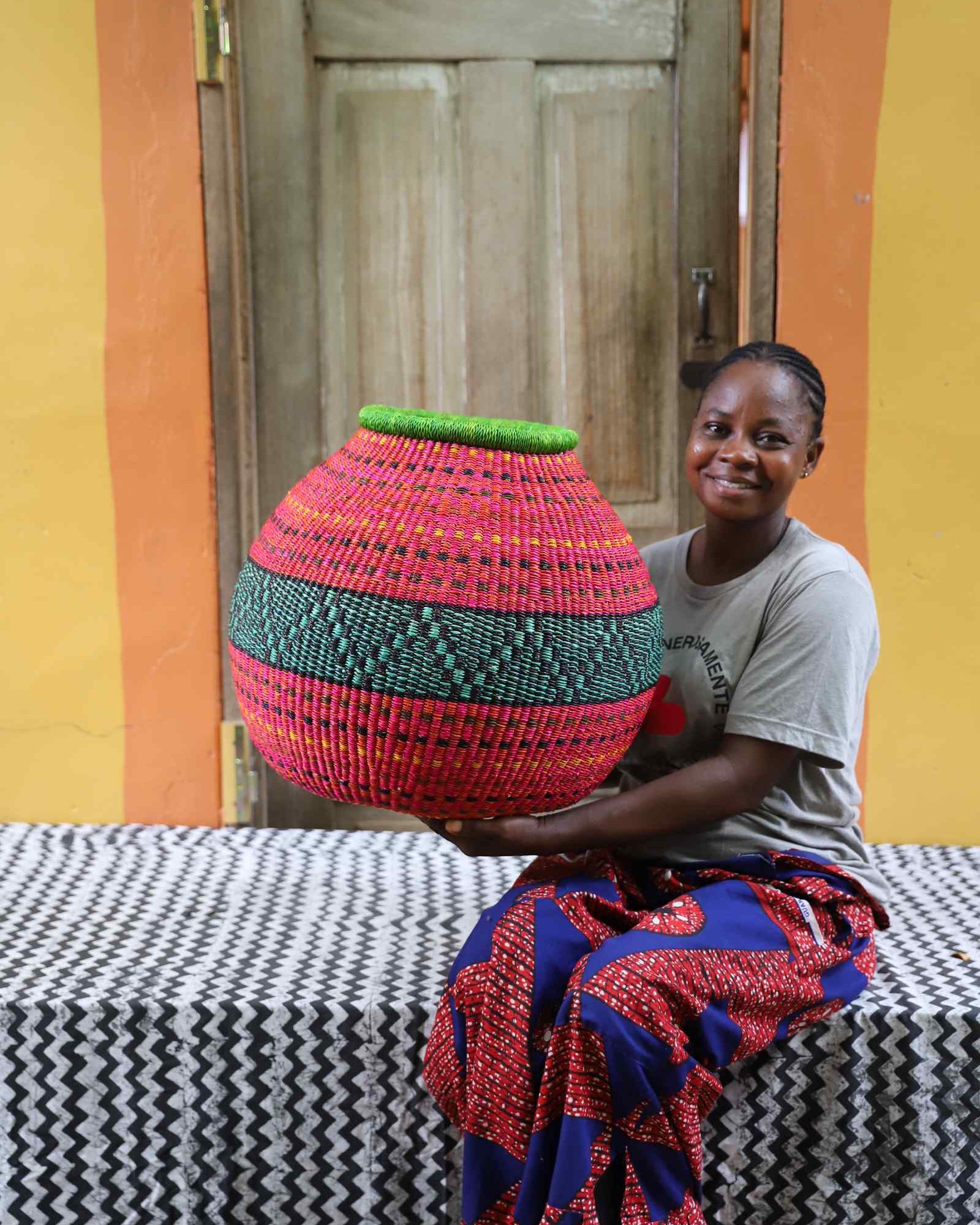 Kenkia handwoven Bolga basket with geometric motif as bold Décor piece