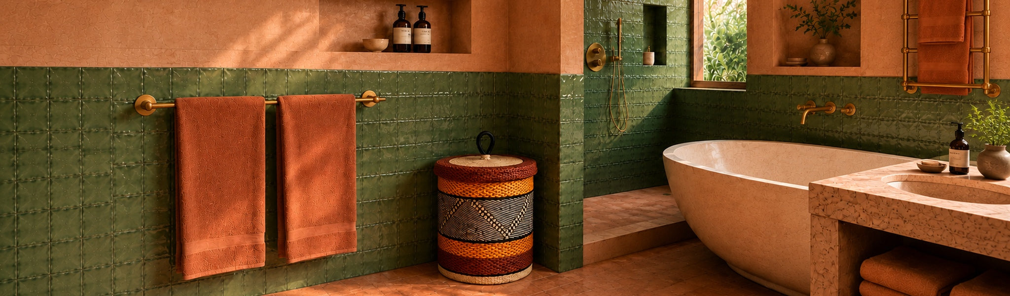 Basket beside orange and white bath tub in a brightly lit room with wooden floor, carpet and patterned wallpaper.