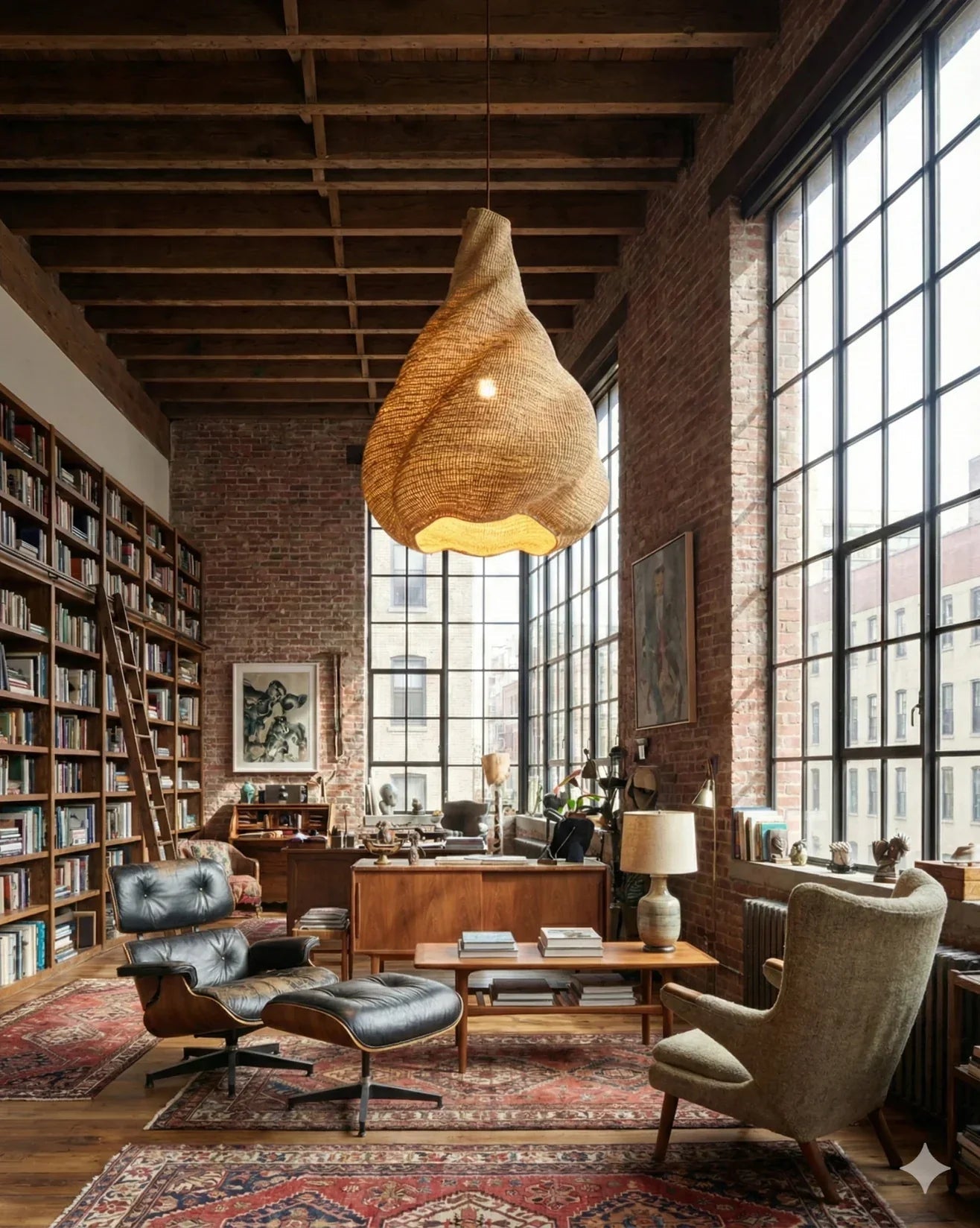 Orion pendant lampshade by The Baba Tree, handwoven elephant grass (straw) glowing above a brick loft library with tall industrial windows.