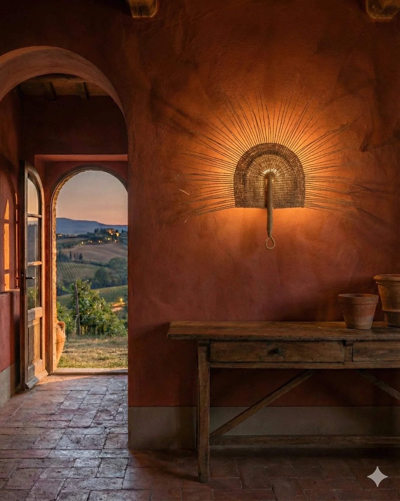 Halo wall lampshade by The Baba Tree, handwoven elephant grass (straw) sunburst wall shade creating dramatic ambient light in a warm terracotta interior.