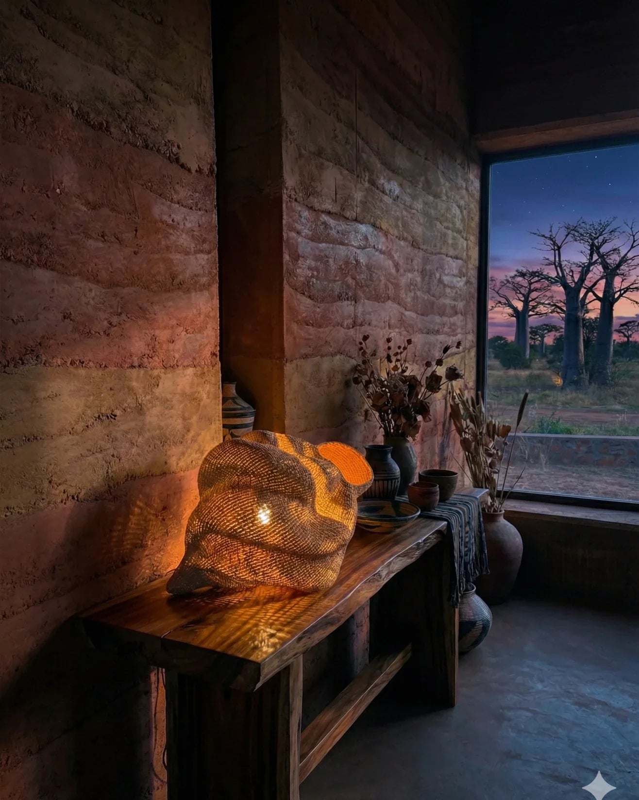 Conch table / floor lampshade by The Baba Tree, handwoven elephant grass (straw) casting warm ambient light on a wooden console in an earthy interior at dusk.