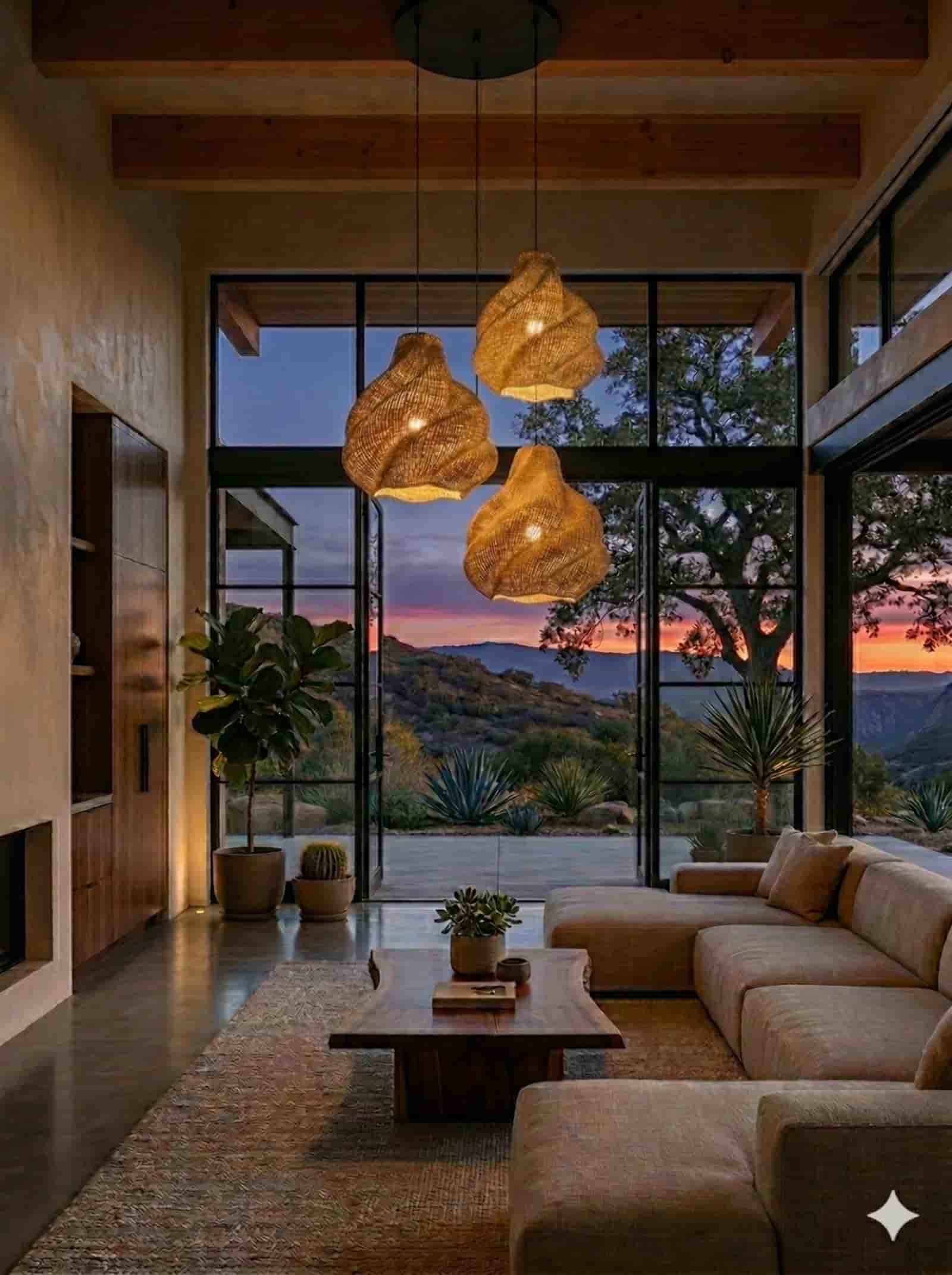 Modern living room with pendant lights, neutral sectional sofa, indoor plants, and floor-to-ceiling windows overlooking mountains at sunset.