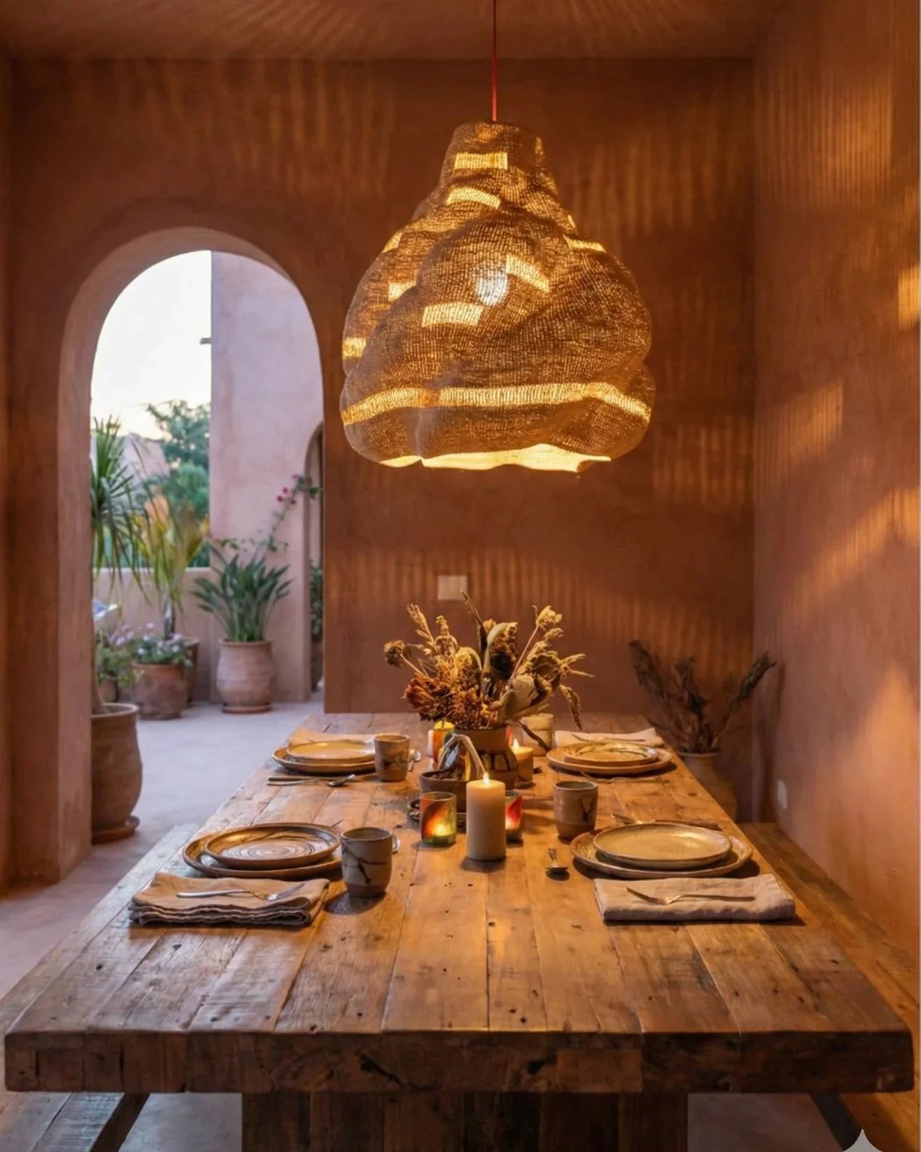 Cosma pendant lampshade by The Baba Tree, handwoven elephant grass (straw) glowing above a rustic dining table in a warm-toned room.