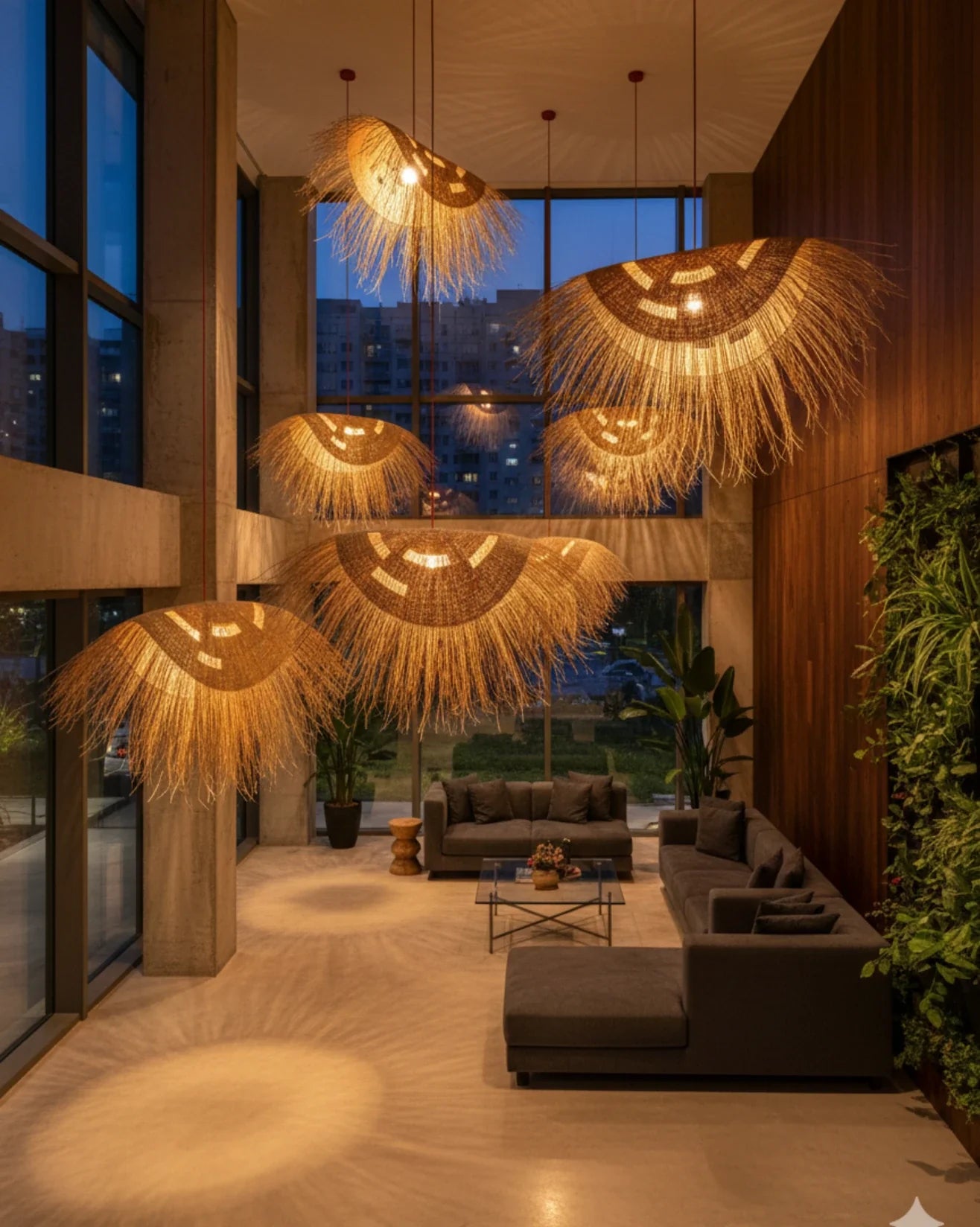 Axis pendant lampshade by The Baba Tree, handwoven elephant grass (straw) fringe pendant shades, styled as a cluster, creating warm ambient light in a double-height modern living space.