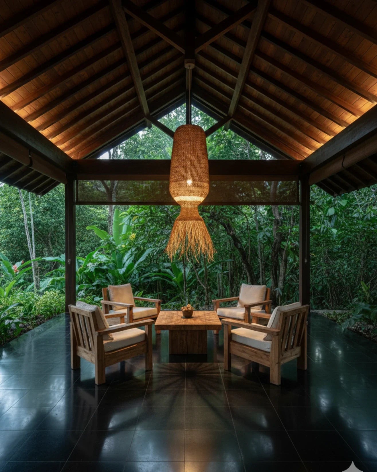 The Abyssal pendant lampshade by The Baba Tree, handwoven elephant grass (straw) hanging in an open-air pavilion, adding warm designer light over lounge seating.