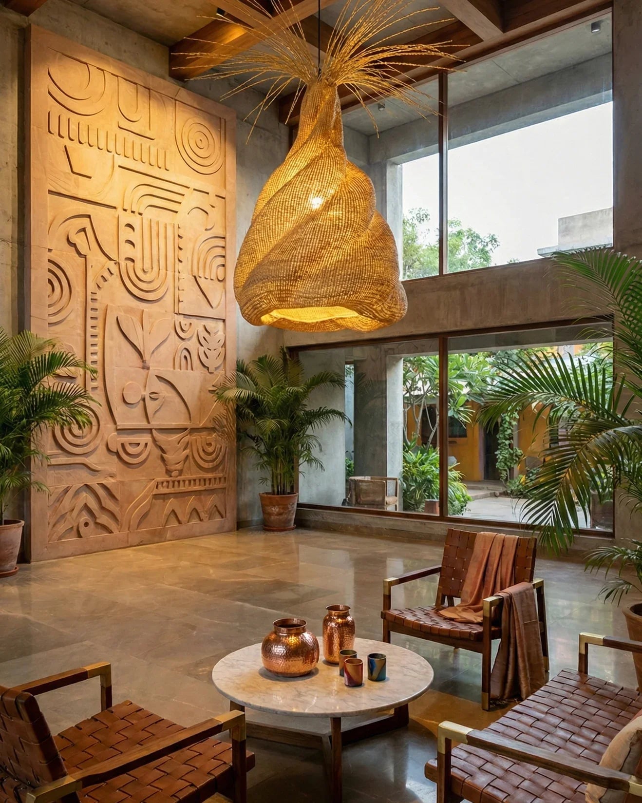 Helix pendant lampshade by The Baba Tree, handwoven elephant grass (straw) statement shade glowing in a modern courtyard interior with plants and carved wall art.